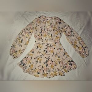 Blu Pepper Long Sleeve Floral Boho Dress - Beige/Floral